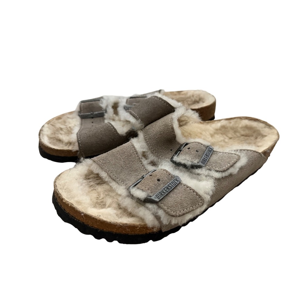 Birkenstock Arizona Shearling Suede Sandals Taupe Women 38 L7 M5 - Picture 2 of 9
